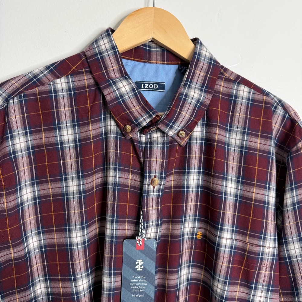 NWT Izod‎ Men’s XL Heritage Twill Button Down Shirt Plaid Burgundy Preppy Work